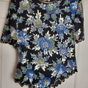 Laurence Kazar Vintage Floral Sequin Top Large